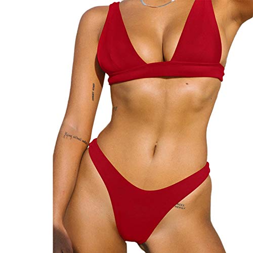 ESTK Costume Da Bagno Bikini Sexy Con Scollo A V Per Donna, Costume Da Bagno Bikini A Due Pezzi In Tinta Unita