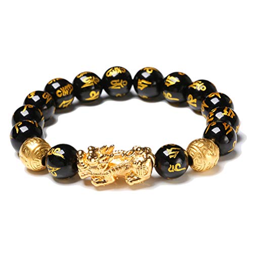 Excras Feng Shui Golden Pi Xiu Lucky Wealthy Amulet Pulsera, Negro Natural Obsidiana Riqueza