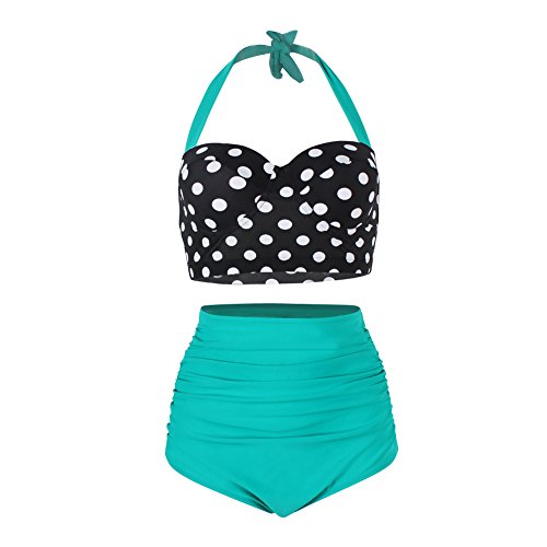 FeelinGirl Bikini para Mujer Lunares Estampados Push Up Vintage Talle Alto Conjunto de Bañodor 2 Piezas Verde L:Talla 42(Busto98,Cintura76,Cadera105cm)