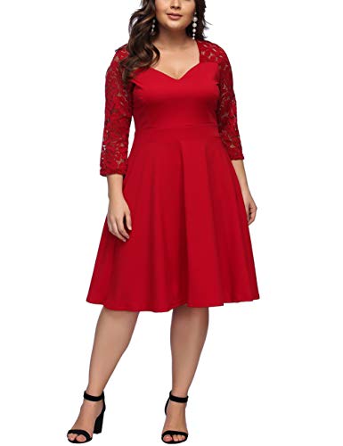 FeelinGirl Mujer Vestido de Noche Encaje Largo Traje Talla Extra Grande Cóctel de Manga Media Cuello V Cintura Alta Rojo 4XL/Talla 52-54