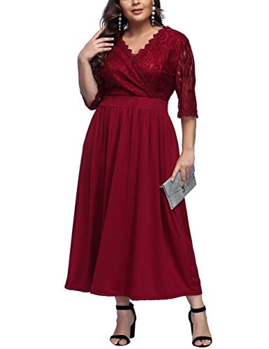 FeelinGirl Mujer Vestido de Noche Encaje Largo Traje Talla Extra Grande Cóctel de Manga Media Cuello V Cintura Alta Rojo XL/Talla 46-48