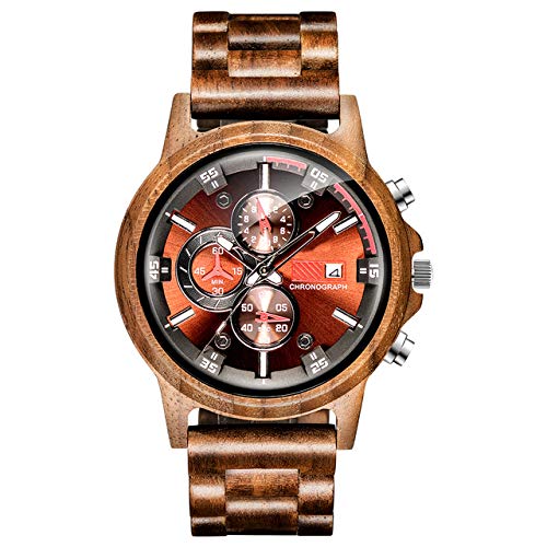 FMXKSW Reloj de Madera, Reloj de Madera de Nogal Macizo Zebra Ebony Relojes de Cuarzo de Madera Cronógrafo multifunción Fecha Reloj de Pulsera Creativo para Hombre, Madera de Nogal