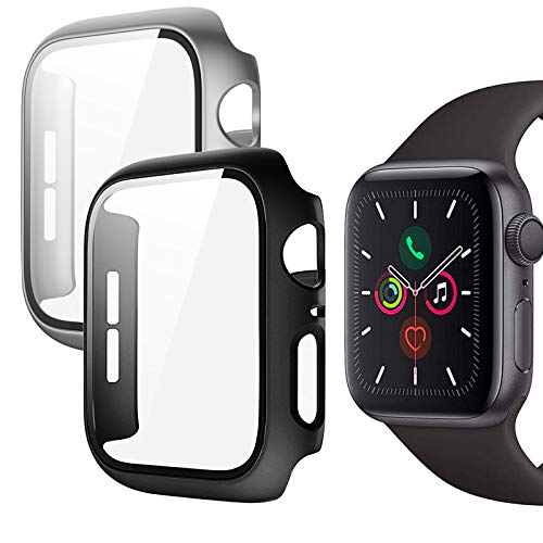 Funda Apple Watch 44mm Serie 6/SE/5/4, Protector Pantalla Integrados, Anti-Rasguños Slim Funda + Cristal Templado Compatible con Apple Watch Series 6 Series 5 Series 4 SE 44mm (Negro + Plata)