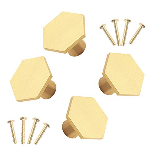 Gativs tiradores dorados para cajones 4 Piezas Latón Pomos Tiradores de Muebles Hexagonales Perillas de Cajón Tiradores Armarios Solo Agujero,con Tornillos,para Cajón de Escritorio Cocina,30x21mm