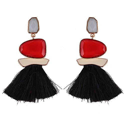 GGG Las Mujeres de Moda Borla de aleación de Diamantes de imitación Pendientes de Gota Larga Franja cuelgan los Pendientes Color Rojo Negro