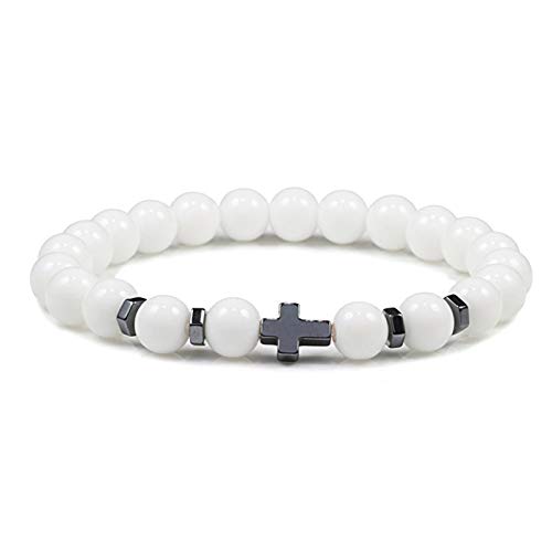 GROPC Pulsera Piedra Naturales,Trendy DIY Natural Stretch Beaded Bracelets Porcelana Blanca 8 Mm Madera Bead Lava Matte Stone Cross Elasticity Pulsera Meditación Charm Hombres Mujeres Yoga