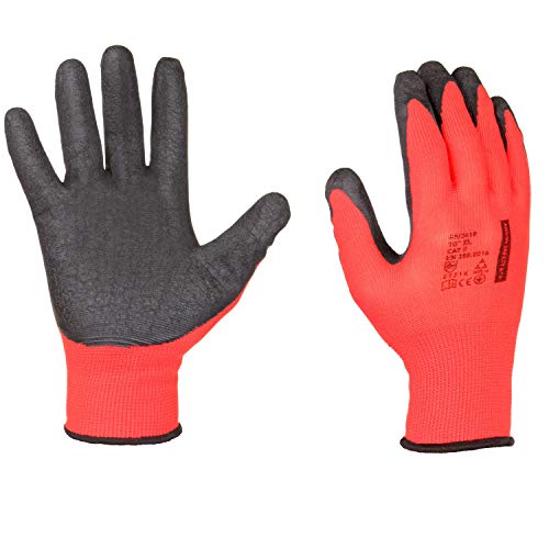 Guantes de trabajo sólido, Montaje, Antideslizante, Recubrimiento de látex, Jardín, Reparaciones, Automoción, Trabajos precisión, Servicio automóvil, Taller, 7-11 (12 Pares, 10"XL")