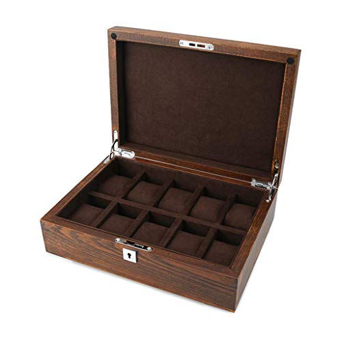 HAILIZI Caja de colección de relojes Caja de almacenamiento de reloj de madera maciza 10 ranuras con techo corredizo de cristal reloj con cerradura mecánica Colección Caja de almacenamiento for los ho