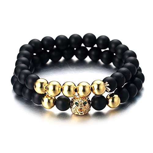 Halukakah Hombre Pulsera Cuentas Piedra,Cabeza de Lobo Chapado en Oro Real de 18k Completo Cz Diamante,Elástico de Ágata Negra Mate de Piedras Preciosas Naturales Juego de 2 para Hombres Mujeres