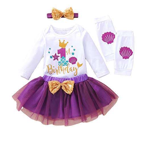 Haokaini Conjunto de ropa de primer cumpleaños para bebé niña primer cumpleaños mameluco de malla tutú falda diadema calentador de piernas para bebé niño pequeño primer cumpleaños pastel Smash