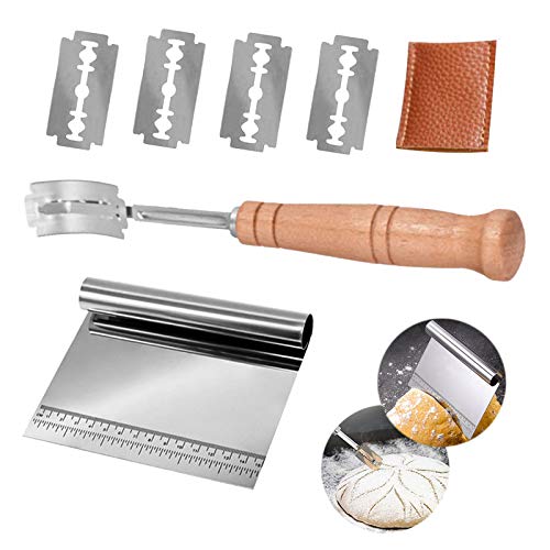 Herramienta de Corte de Pan Mango de Madera, Cuchillo para Masa con 5 Cuchillas y Cubierta Protectora, Arco Curvado Cuchillo de Pan, Cuchillo de Baguette de Panadero, para Tallar Patrones de Pan Crudo