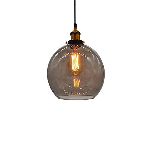 Huahan Haituo Vidrio Colgante Luz Vintage Industrial Metal Acabado Claro Bola de Vidrio Ronda Sombra Loft Lámpara Retro Techo Luz Vintage Lámpara (Gris Humo,20CM)