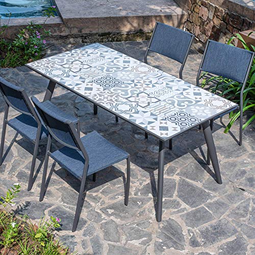 iD FOR YOU Conjunto de jardín Genoza – 4 sillas + mesa recta 162 x 82 cm con bandeja de Mosaico Azul