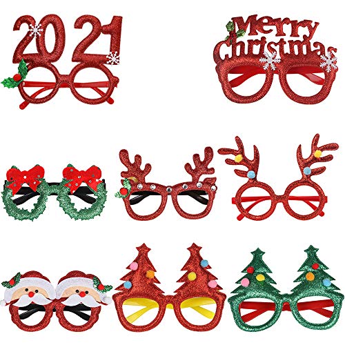 IWILCS 8 piezas de gafas de Navidad, gafas de cuerno de reno, divertidas gafas de Navidad muñeco de nieve Papá Noel árbol de Navidad gafas marco accesorios para fotos gafas de Navidad