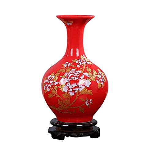 Jarrones Rojo chino retro florero de cerámica con la base, la belleza de pintura, patrón de la flor del Peony, florero amarillo, arte la decoración del hogar 9.4 (24 cm) de alto Floreros Decorativos