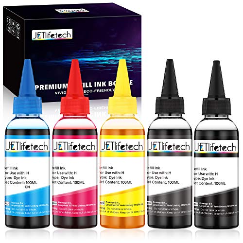 JETlifetech 5 colores Universal Kit de recarga de tinta para HP Cartuchos de tinta recargables y sistemas CISS, 100 ml por botella de tinta, 5 botellas (negro/negro fotográfico/cian/magenta/amarillo）