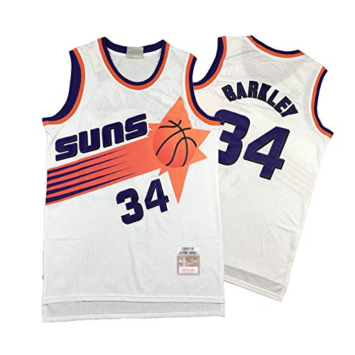 JIEBANG Camisetas De Baloncesto para Hombre,Bǎrklěy 34# Sǔns Swingman Bordado Swing-Swing Transpirable Y Desgaste Resistente a La Camiseta,90s Ropa De Hip Hop para Fiesta White-XXL