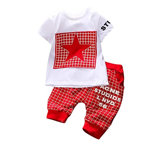 K-youth Conjuntos Bebé Niño, Ropa Recién Nacidos Bebe Niño Camiseta Mangas Cortas Enrejado Estrellas Cartas Estampado Tops y Pantalones Verano Ropa Conjunto (Rojo, 6-12 Meses)