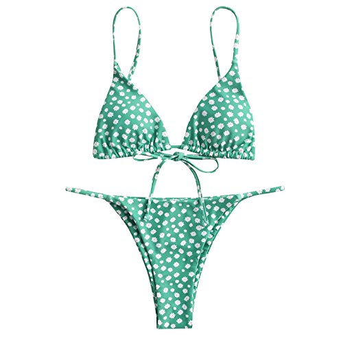 Keepwin Conjunto Bikinis Mujer Push Up Brasileñas Sexy Floral Banda Triángulo 2 Piezas Ropa de Baño Mujer Bañador Natacion Tanga Trajes de Baño Bralette Playa (Menta Verde, Small)