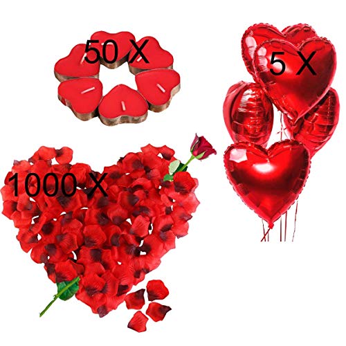 Kit Romántico de Velas y Pétalos. 50 Velas en Forma de Corazón + 1000 Pétalos de Rosa Roja de Seda + 5 Globos Corazón Rojo - Decoración para Bodas, San Valentín y Compromiso