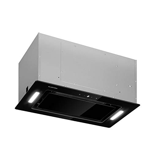 Klarstein Hektor Eco - Campana extractora, 52 cm, Encastrable, Extracción máx. de 566 m³/h, 200 W, 3 potencias, Temporizador, Control táctil, LEDs, Parte inferior de cristal, Acero inoxidable, Negro