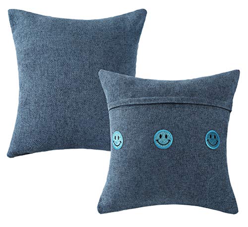 Knlpruhk Fundas de cojín de felpilla suave de 340 g/m², 40 x 40 cm, diseño de caras sonrientes, decoración del hogar, para sofá, silla, dormitorio, 40 x 40 cm, color azul vaquero, juego de 2