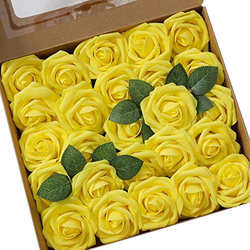 Ksnnrsng Flores Rosas Artificiales Espuma Rosa Falsa para Manualidades, Ramos de Novia, centros de Mesa, Despedidas de Soltera y Decoración del Hogar (25 Piezas, Amarillo)