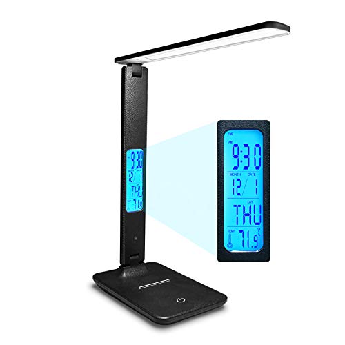 LAOPAO Lámpara de escritorio LED, 1200 mAh, recargable, control táctil, lámpara de mesa con 3 colores y 3 niveles de brillo, tiempo, temperatura, reloj, oficina y habitación de los niños (negro)