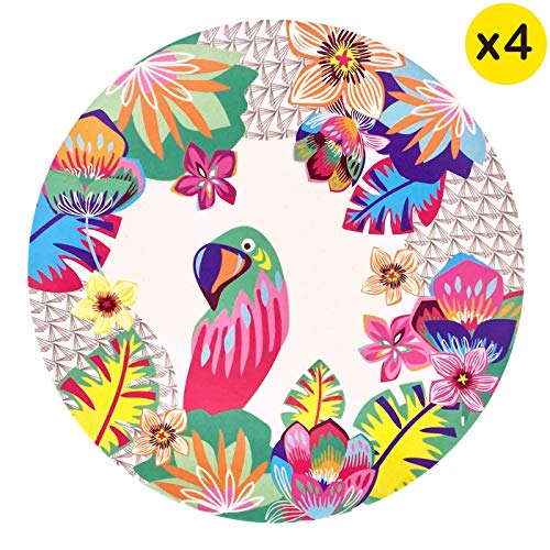 Les Jardins de la Comtesse – Juego de 4 platos de postre planos de bambú – tema «loros» – Muy resistentes – Ø 20 cm – Multicolor – Biodegradables y sin BPA y PVC