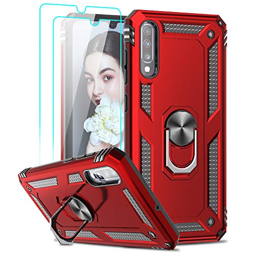 LeYi Funda Samsung Galaxy A70 / A70s Armor Carcasa con 360 Anillo iman Soporte Hard PC y Silicona TPU Bumper antigolpes Fundas Carcasas Case para movil A70 con HD Protector de Pantalla,Rojo