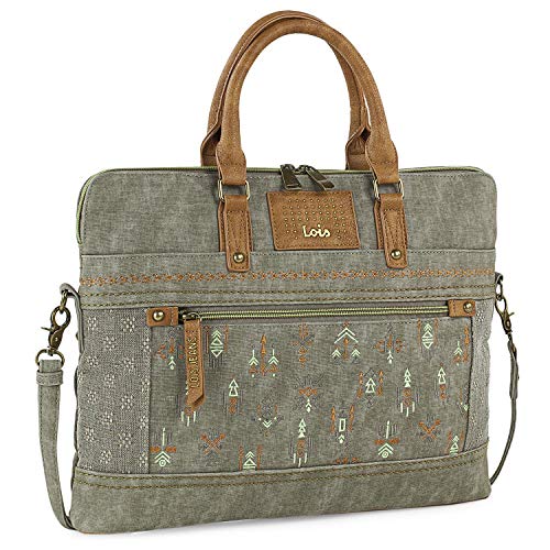 Lois - portadocumentos de Mujer. Cartera Bolso Mensajero 15". Ordenador portátil. Lona Estampada y Piel sintética. práctica y cómoda. Calidad Moda y diseño 306237, Color Taupe