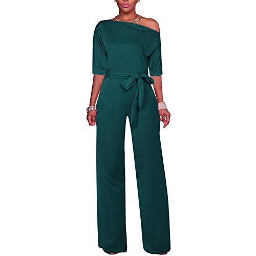 Lover-Beauty Mono Largo Mujer Otoño Casual Un Hombro Asimétrico Cintura Alta Vendaje Ajustado con Manga Corta Oficina Sexy Traje Pantalones Verde Navidad