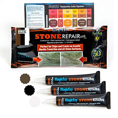 MagicEzy Stone Fix - Kit de reparación de grietas de granito y mármol - Rellena y daña los colores rápidamente (Marrón/Blanco/Negro (Beige Repair Kit))