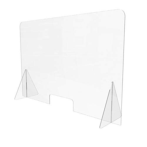 Mampara de protección de 115 cm ancho x 75 cm de alto, 3mm de grosor, ventana de 15 x 26 cm, soportes de 40 x 20 cm, transparente