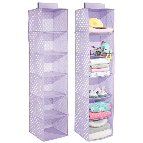 mDesign Juego de 2 estanterías Colgantes – Práctico Organizador de armarios para Barra con 6 estantes – Zapatero Colgante Plegable con Alegre Estampado para Cuarto Infantil – Lila/Puntos Blancos