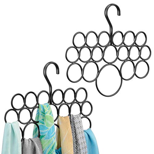 mDesign Juego de 2 perchas múltiples – Percha para pañuelos, corbatas y cinturones – Organizador de armarios para colgar accesorios sin enganchones – 18 aros – negro