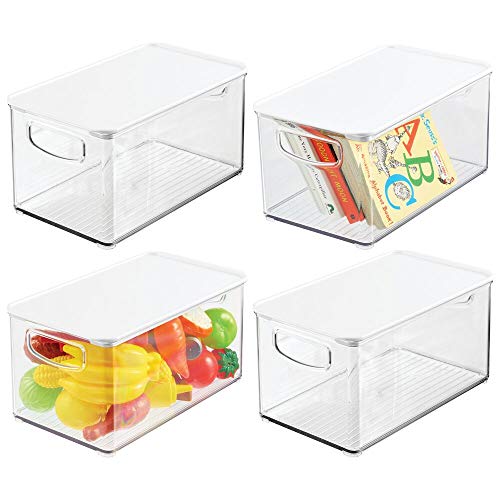 mDesign Juego de 4 organizadores de juguetes – Juguetero grande con tapa de plástico robusto – Caja organizadora apilable para guardar juguetes y manualidades – transparente y blanco