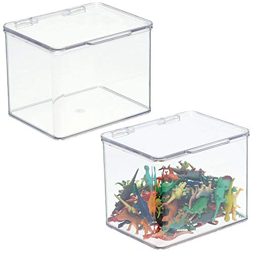 mDesign Organizador de juguetes con tapa – Juguetero apilable de plástico robusto – Caja de almacenaje para guardar juguetes o manualidades en la habitación infantil – Juego de 2 – transparente