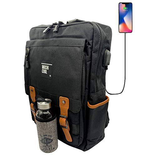 MOCHI COOL Mochila mujer hombre para portatil y trabajo con puerto usb escolares y tactica con estilo vintage casual y unisex impermeable ✚ Botella de agua cristal (NEGRO)