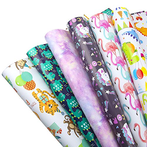 MOOKLIN ROAM Papel de Regalo, 6 Hojas Surtidos de Papel de Envoltura de Regalo con Unicornio y Dinosaurios - Bodas, Cumpleaños, Christmas para Niños Niñas Hombre Mujer de Regalos (6 Diseño, 70 x 50cm)