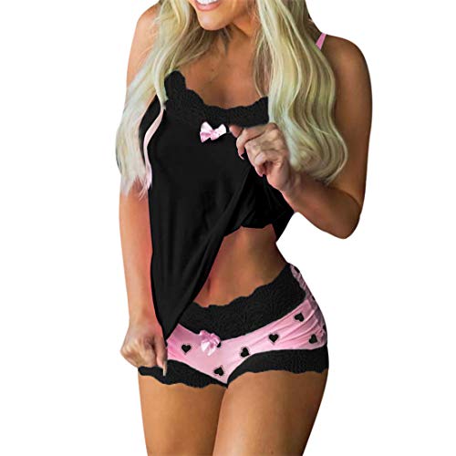 MUYOGRT Mujer Conjuntos de Encaje 2 Pijamas Camisola+ Shorts Sexy Imprimir Sin Mangas Cami Lencerí Pijama Interior Tentación Babydoll Camisón Verano Impresión en Color(Negro，S)