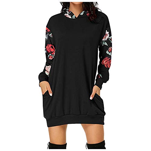 N-B Vestidos Primavera Invierno Mujer 2021 Rose Estampado Hoodie Largo Chica Negra Gris Oversize Manga Larga con Bolsillos Sudadera con Capucha Ropa Tops Casual Moda Camisetas S - 3XL