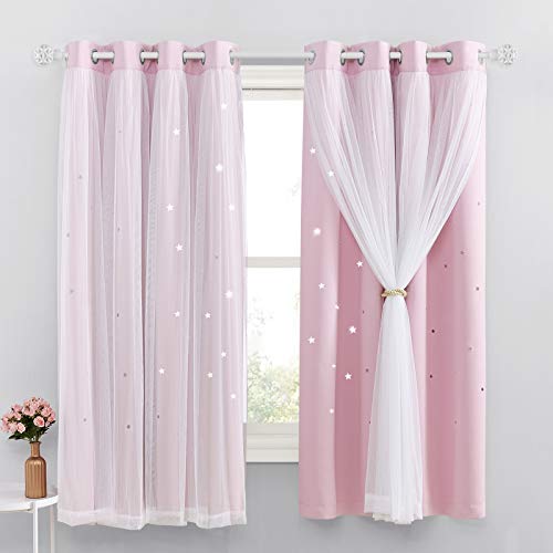 NICETOWN Cortinas Infantiles Modernos - Cortina Doble Opaca con Estrellas para Habitación Niños Niñas Salón, 2 Unidades, 132 x 160 CM, Rosa Claro