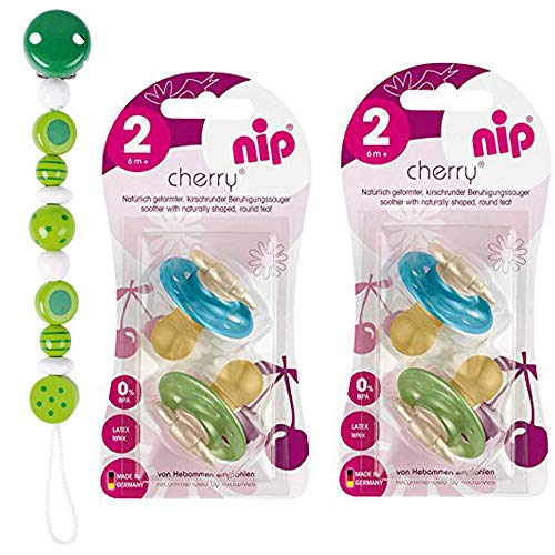 NIP Cherry Chupete redondo, juego de 4 unidades, tamaño 2, 6 meses, incluye cadena de madera