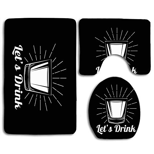 Not Applicable Grey Shot Whisky Vaso de Alcohol Alcohol Bourbon Drink Vintage Drunk Label Ron Vodka Highball 3Pcs Set de baño Alfombra Mat Contour + Tapa del Inodoro + Alfombrillas de baño