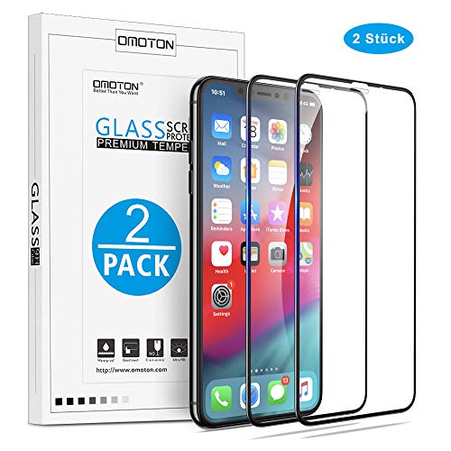 OMOTON Protector Pantalla para iPhone 11 Pro/iPhone XS/iPhone X, Cristal Templado Cobertura Completa, Antirañazos, 2 Pack, Negro