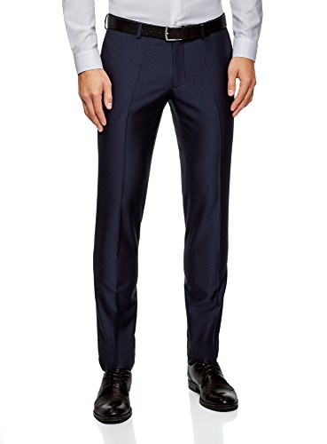 oodji Ultra Hombre Pantalones Slim con Acabado de Raso, Azul, 48