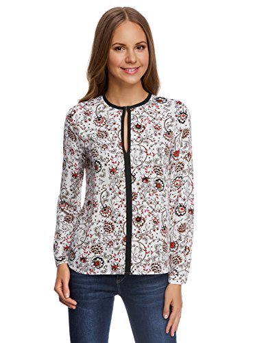 oodji Ultra Mujer Blusa de Tejido Fluido con Acabado en Contraste, Blanco, ES 36 / XS