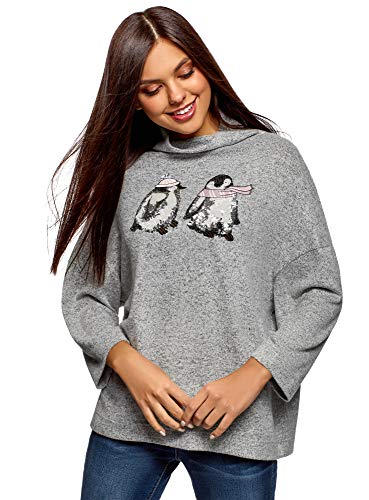 oodji Ultra Mujer Jersey Holgado con Cuello Chimenea, Gris, ES 34 / XXS