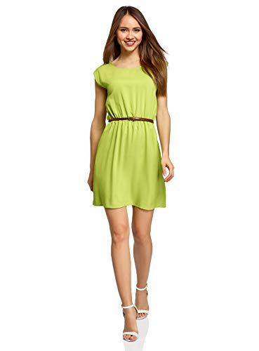 oodji Ultra Mujer Vestido de Viscosa con Mangas Cortas, Verde, ES 40 / M